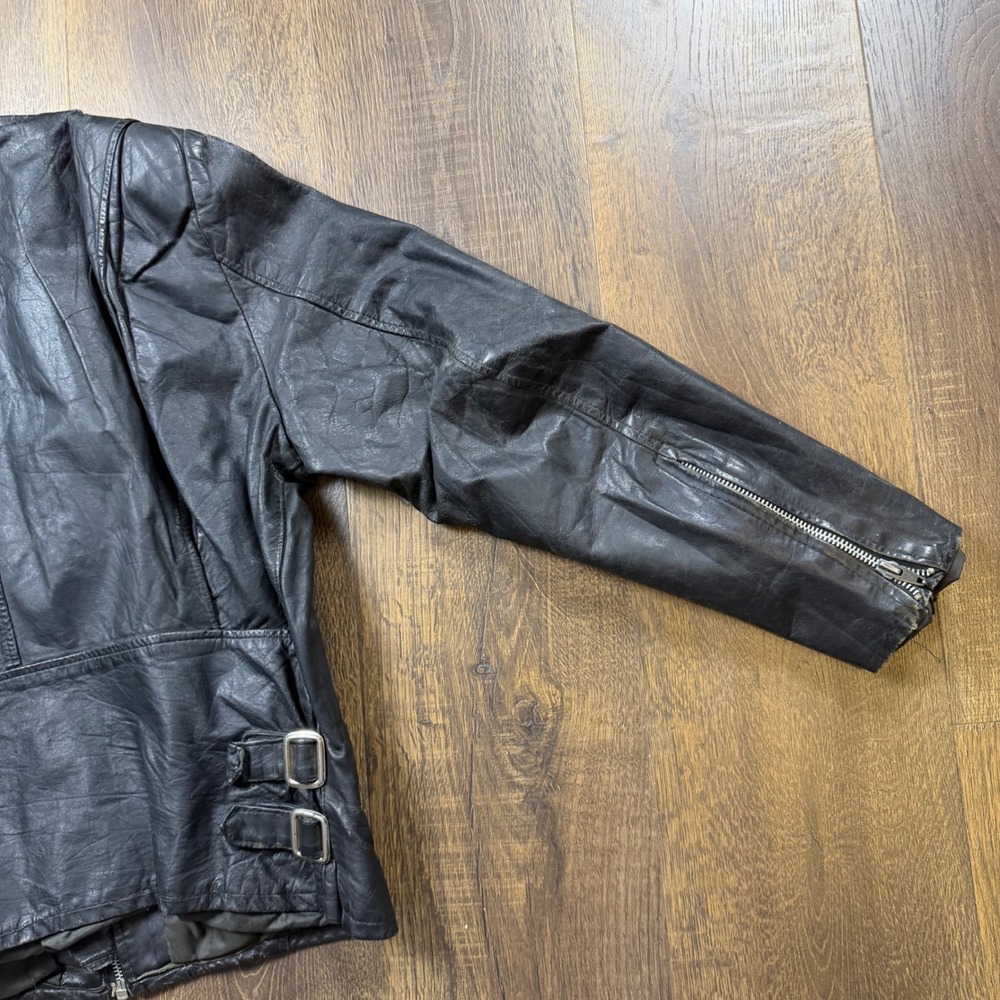 Vintage 80s Leather Attic Black Leather Racer Biker Jacket Made in Canada M/L - Picture 8 of 10